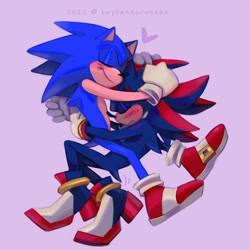 Size: 1500x1500 | Tagged: safe, artist:keysandcrosses, shadow the hedgehog, sonic the hedgehog, 2022, blushing, duo, eyes closed, heart, hugging, purple background, shadow x sonic, shipping, signature, simple background, smile