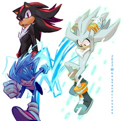 Size: 1500x1500 | Tagged: safe, artist:keysandcrosses, shadow the hedgehog, silver the hedgehog, sonic the hedgehog, hedgehog, 2022, electricity, falling, frown, running, signature, simple background, smile, trio, white background