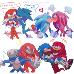 Size: 1500x1500 | Tagged: safe, artist:keysandcrosses, knuckles the echidna, sonic the hedgehog, 2022, blushing, carrying them, cute, dialogue, duo, english text, gay, heart, holding hands, hugging, kiss, knuxonic, looking at each other, shipping, signature, simple background, smile, sonabetes, sonic boom (tv), white background