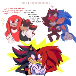 Size: 1500x1500 | Tagged: safe, artist:keysandcrosses, knuckles the echidna, shadow the hedgehog, sonic the hedgehog, 2022, arm around shoulders, dialogue, drooling, english text, frown, gay, holding hands, knuxadow, knuxonic, looking at each other, shadow x sonic, shipping, signature, simple background, sitting, sleeping, smile, trio, white background