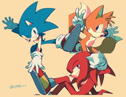Size: 2048x1576 | Tagged: safe, artist:ombeo_o, knuckles the echidna, miles "tails" prower, sonic the hedgehog, 2022, beige background, mid-air, signature, simple background, smile, team sonic, trio, v sign