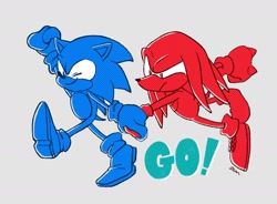 Size: 1770x1300 | Tagged: safe, artist:__ss_tt_mm__, knuckles the echidna, sonic the hedgehog, 2022, duo, frown, grey background, holding hands, simple background, smile, walking, wink