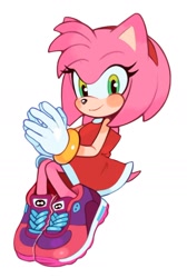Size: 946x1405 | Tagged: safe, artist:mossan315, amy rose, 2022, alternate shoes, amybetes, blushing, hands together, looking at viewer, simple background, smile, solo, white background