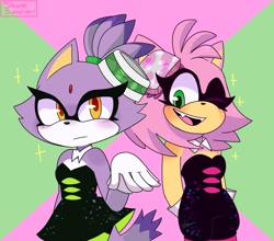 Size: 2157x1895 | Tagged: safe, artist:kasparcikova, amy rose, blaze the cat, cat, hedgehog, 2024, amy x blaze, crossover, cute, female, females only, lesbian, looking at viewer, mouth open, one eye closed, shipping, splatoon