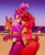 Size: 715x873 | Tagged: safe, artist:creamiebunny, amy rose, blaze the cat, cat, hedgehog, 2016, amy x blaze, beach, cute, exclamation mark, eyes closed, female, females only, food, hugging from behind, ice cream, lesbian, shipping