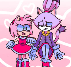 Size: 1280x1200 | Tagged: safe, artist:puyopuyo, amy rose, blaze the cat, cat, hedgehog, 2015, amy x blaze, amy's halterneck dress, blaze's tailcoat, cute, female, females only, lesbian, looking at each other, one eye closed, shipping