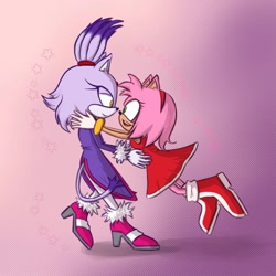 Size: 1080x1080 | Tagged: safe, artist:_katpeach, amy rose, blaze the cat, cat, hedgehog, 2024, amy x blaze, amy's halterneck dress, blaze's tailcoat, cute, female, females only, hugging, lesbian, looking at each other, mouth open, shipping