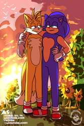 Size: 2000x3000 | Tagged: safe, artist:moontigerange1, artist:pmidor, miles "tails" prower, sonic the hedgehog, bird, 2024, abstract background, arm around shoulders, clouds, date, duo, gay, literal animal, looking at each other, older, outdoors, shipping, signature, sonic x tails, standing, sunset