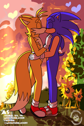 Size: 2000x3000 | Tagged: safe, artist:moontigerange1, artist:pmidor, miles "tails" prower, sonic the hedgehog, 2024, abstract background, clouds, date, duo, eyes closed, gay, heart, holding each other, kiss, looking at each other, older, outdoors, shipping, signature, sonic x tails, standing, sunset