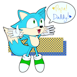 Size: 1500x1500 | Tagged: safe, artist:hotshotalate, oc, hybrid, arms out, blue fur, dialogue, english text, fankid, gloves, green eyes, green shoes, hedgefox, implied sonic, implied tails, looking offscreen, magical gay spawn, mouth open, parent:sonic, parent:tails, parents:sontails, semi-transparent background, shoes, solo, speech bubble, unnamed oc