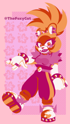 Size: 900x1600 | Tagged: safe, artist:thefoxycat, surge the tenrec, abstract background, border, devil horns (gesture), lesbian, lesbian pride, limited palette, looking at viewer, pride, signature, smile, solo