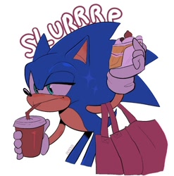 Size: 720x730 | Tagged: safe, artist:swati-art, sonic the hedgehog, bag, bending over, holding something, looking offscreen, milkshake, sfx, signature, simple background, solo, white background