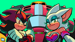 Size: 1920x1080 | Tagged: safe, artist:jencilthepencil, e-123 omega, rouge the bat, shadow the hedgehog, arms folded, green background, looking at viewer, outline, robot, simple background, smile, team dark