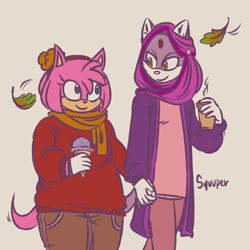 Size: 1280x1280 | Tagged: safe, artist:syuuper-archive, amy rose, blaze the cat, cat, hedgehog, 2017, amy x blaze, coffee, cute, female, females only, holding hands, ice cream, leaf, lesbian, looking at each other, shipping