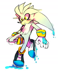Size: 1278x1580 | Tagged: safe, artist:punkray, silver the hedgehog, liquid, looking offscreen, simple background, solo, standing on one leg, white background