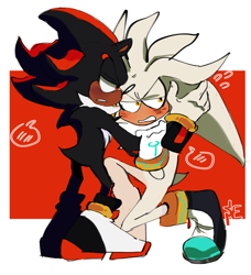 Size: 1280x1401 | Tagged: safe, artist:punkray, shadow the hedgehog, silver the hedgehog, abstract background, blushing, clenched teeth, duo, flustered, gay, holding them, looking away, shadow x silver, shipping, signature