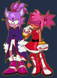 Size: 1167x1587 | Tagged: safe, artist:punkray, amy rose, blaze the cat, amy x blaze, blue background, blushing, duo, flustered, lesbian, outline, shipping, signature, simple background, smile, standing, sweatdrop