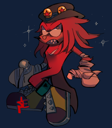 Size: 1068x1227 | Tagged: safe, artist:punkray, knuckles the echidna, bandage, bandaid, bandaid over nose, blue background, clenched teeth, hat, looking offscreen, looking up, signature, simple background, solo, sparkles, youtube link in description