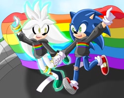 Size: 1300x1027 | Tagged: safe, artist:xxleahencexx, silver the hedgehog, sonic the hedgehog, 2021, abstract background, clothes, cute, daytime, duo, gay, gay pride, holding hands, holding something, hoodie, looking at each other, mouth open, outdoors, pride, pride flag, psychokinesis, shipping, smile, sonilver