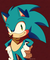 Size: 1024x1229 | Tagged: safe, artist:domestic maid, sonic the hedgehog, 2019, bandana, hands on hips, looking at viewer, missing accessory, red background, redraw, signature, simple background, smile, solo, sonic boom (tv), standing