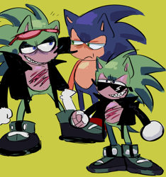 Size: 1280x1370 | Tagged: safe, artist:punkray, scourge the hedgehog, sonic the hedgehog, anti-sonic, frown, green background, looking at each other, looking offscreen, self paradox, simple background, smile, standing, trio