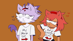 Size: 1280x731 | Tagged: safe, artist:punkray, amy rose, blaze the cat, alternate outfit, amy x blaze, brown background, clothes, duo, frown, heart, lesbian, lidded eyes, looking at them, looking at viewer, shipping, shirt, simple background, smile, wink, words on a shirt