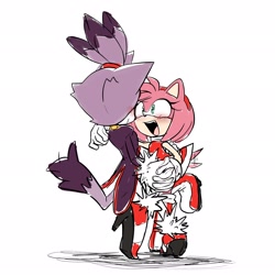 Size: 2048x2048 | Tagged: safe, artist:butterrrmoth, amy rose, blaze the cat, cat, hedgehog, 2024, amy x blaze, amy's halterneck dress, blaze's tailcoat, blushing, cute, female, females only, holding hands, lesbian, looking at each other, mouth open, shipping, tail wagging