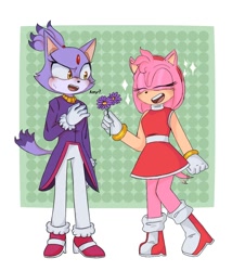 Size: 1080x1262 | Tagged: safe, artist:mattle_0, amy rose, blaze the cat, cat, hedgehog, 2024, amy x blaze, amy's halterneck dress, blaze's tailcoat, cute, eyes closed, female, females only, flower, lesbian, looking at them, mouth open, shipping, sparkles, tail wagging
