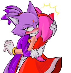 Size: 1237x1274 | Tagged: safe, artist:seanjuvera, amy rose, blaze the cat, cat, hedgehog, 2024, amy x blaze, amy's halterneck dress, blaze's tailcoat, blushing, cute, female, females only, hugging, lesbian, looking at viewer, shipping