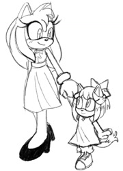 Size: 995x1382 | Tagged: safe, artist:emthimofnight, amy rose, oc, oc:camellia the cat, cat, 2024, adult, child, duo, fankid, holding hands, line art, magical lesbian spawn, mother and child, mother and daughter, older, parent:amy, parent:blaze, parents:blazamy, smile, walking