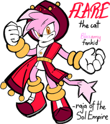 Size: 1200x1350 | Tagged: safe, artist:hibiscusishere, oc, oc:flare the cat, cat, character name, fankid, frown, looking at viewer, magical lesbian spawn, male, parent:amy, parent:blaze, parents:blazamy, simple background, solo, standing, white background