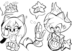 Size: 1350x954 | Tagged: safe, artist:hibiscusishere, oc, oc:camellia the cat, oc:flare the cat, oc:star the hedgehog, oc:stellar the hedgehog, cat, hedgehog, cross popping vein, duo focus, fankid, flame, group, heart, lesbian, line art, magical lesbian spawn, oc x oc, parent:amy, parent:blaze, parent:shadow, parent:sonic, parents:blazamy, parents:sonadow, shipping, simple background, smile, sweatdrop, white background