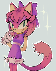Size: 1612x2048 | Tagged: safe, artist:st4rrzyy, oc, oc:camellia the cat, cat, blushing, fankid, grey background, looking at viewer, magical lesbian spawn, parent:amy, parent:blaze, parents:blazamy, simple background, smile, solo, sparkles, standing