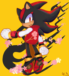 Size: 1678x1831 | Tagged: safe, artist:presley-sys, shadow the hedgehog, abstract background, cherry blossom petals, frown, jacket, looking back, looking back at viewer, signature, solo, tree branch