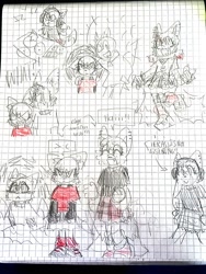 Size: 1536x2048 | Tagged: safe, artist:tailzplush, miles "tails" prower, 2024, checkered background, clothes, dialogue, english text, penwork, sketch, solo, traditional media, trans female, trans girl tails, transgender