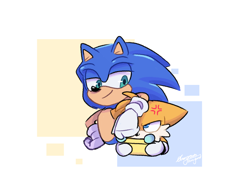 Size: 1600x1200 | Tagged: safe, artist:0vergrowngraveyard, miles "tails" prower, sonic the hedgehog, abstract background, annoyed, arm rest, cross popping vein, duo, holding something, lidded eyes, looking at each other, miles electric, signature, smile