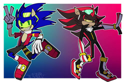 Size: 1102x725 | Tagged: safe, artist:talism4niac, shadow the hedgehog, sonic the hedgehog, alternate eye color, alternate universe, au:sonic riders infinite, border, clothes, duo, gradient background, green sclera, outline, sonic riders, v sign, yellow sclera