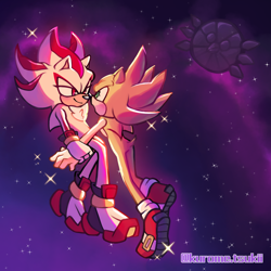 Size: 1200x1200 | Tagged: safe, artist:kurometsuki, shadow the hedgehog, sonic the hedgehog, super shadow, super sonic, abstract background, death egg, duo, gay, holding another's arm, looking at each other, shadow x sonic, shipping, signature, space, sparkles, star (sky), super form