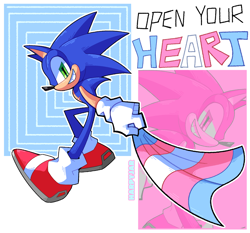 Size: 2000x1864 | Tagged: safe, artist:harpyjar, sonic the hedgehog, sonic adventure, abstract background, english text, open your heart, outline, pride, pride flag, signature, smile, solo, top surgery scars, trans male, trans pride, transgender