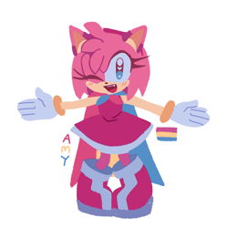 Size: 1280x1280 | Tagged: safe, artist:peachmangopie323, amy rose, amybetes, arms out, blushing, cape, character name, cute, lineless, looking at viewer, outline, pansexual, pansexual pride, pride, pride flag, simple background, smile, solo, standing, transparent background, wink