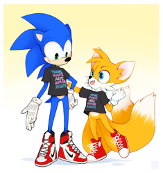 Size: 1150x1222 | Tagged: safe, artist:felt-texture, miles "tails" prower, sonic the hedgehog, border, clothes, duo, gradient background, looking at each other, shirt, smile, standing, trans pride, trans rights, words on a shirt