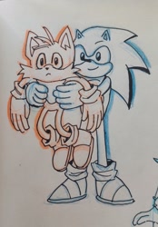 Size: 1425x2048 | Tagged: safe, artist:sunintrepid, miles "tails" prower, sonic the hedgehog, carrying them, duo, lifting them, line art, traditional media