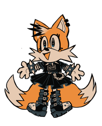 Size: 1659x2047 | Tagged: safe, artist:maelwife, miles "tails" prower, arm warmers, belt, boots, branded clothes, chain, clothes, cute, dyed hair, ear piercing, earring, eyelashes, looking offscreen, nin, shirt, simple background, skirt, smile, solo, spiked bracelet, spiked collar, tailabetes, tights, trans female, transgender, transparent background