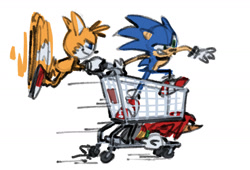 Size: 1547x1049 | Tagged: safe, artist:spiritsonic, knuckles the echidna, miles "tails" prower, sonic the hedgehog, looking ahead, shopping cart, simple background, smile, spinning tails, team sonic, trio, white background