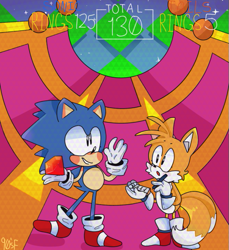 Size: 503x550 | Tagged: safe, artist:90sfunks, miles "tails" prower, sonic the hedgehog, sonic the hedgehog 2, abstract background, blushing, chaos emerald, classic sonic, classic tails, cute, duo, english text, eyelashes, holding something, looking at each other, notepad, pencil, signature, sonabetes, special stage, standing, tailabetes