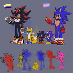 Size: 1080x1080 | Tagged: safe, artist:spuuks-s, amy rose, miles "tails" prower, shadow the hedgehog, sonic the hedgehog, adopted fankid, alternate universe, fankid, fingerless gloves, grey background, group, magical gay spawn, nonbinary, parent:shadow, parent:sonic, parents:sonadow, simple background, smile, standing, top surgery scars, trans male, transgender
