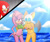 Size: 4000x3350 | Tagged: suggestive, artist:jalonso980, julie-su, knuckles the echidna, rouge the bat, bikini, blushing, clouds, crepuscular rays, daytime, frown, holding them, looking at viewer, looking away, looking offscreen, mouth open, nosebleed, outdoors, smile, smiling at viewer, sun, trio, water