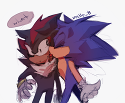 Size: 1665x1369 | Tagged: safe, artist:nettleb, shadow the hedgehog, sonic the hedgehog, dialogue, duo, english text, eyes closed, gay, licking, licking face, shadow x sonic, shipping, signature, simple background, speech bubble, standing, surprised, tongue out, white background