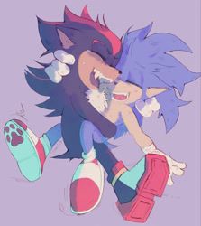 Size: 1829x2048 | Tagged: safe, artist:gonsia, shadow the hedgehog, sonic the hedgehog, crying, duo, eyes closed, gay, holding each other, laughing, mouth open, purple background, shadow x sonic, shipping, simple background, smile, tears, tears of laughter
