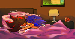 Size: 2048x1061 | Tagged: safe, artist:hopechild, shadow the hedgehog, sonic the hedgehog, abstract background, bed, blushing, chaos emerald, cute, duo, eyes closed, gay, hugging, indoors, lamp, picture frame, shadow x sonic, shadowbetes, shipping, signature, smile, sonabetes, table